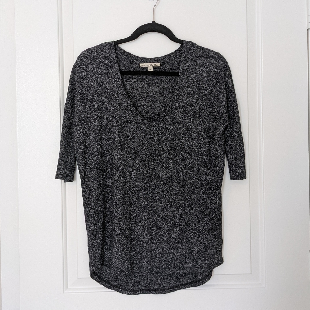 Express Gray Marled V-Neck Bat Wing Sweater XS